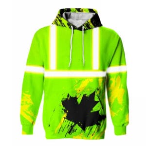 Front view of a neon hi-vis canada hoodie in green, featuring reflective safety stripes and a black distressed maple leaf.