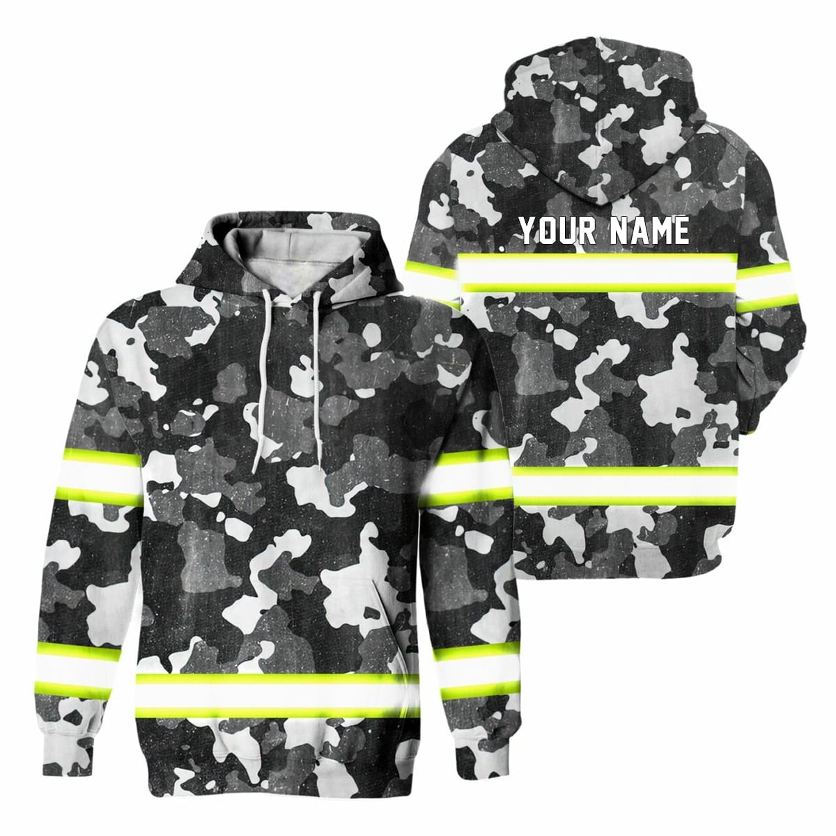 Urban Camo Hi-Vis Hoodie - Custom Neon Stripe Workwear Detail view of an urban camo hi-vis hoodie in black and grey, highlighting white drawstrings and bright reflective bands.