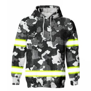 Front view of a black and grey urban camo hi-vis hoodie with neon and white reflective safety stripes on sleeves and waist.