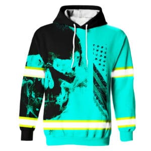 Front view of a cyan hi-vis skull hoodie with black half-skull graphic, distressed stars, and reflective safety stripes.