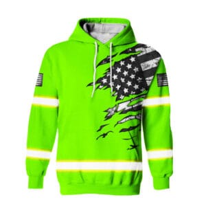 Front view of a neon green torn flag hi-vis hoodie featuring reflective stripes and a black and white USA chest graphic.