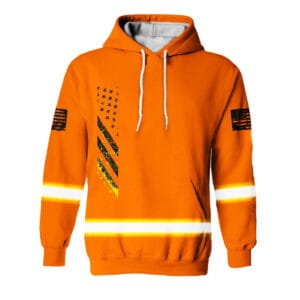 Front view of a neon orange distressed flag safety hoodie featuring a vertical chest graphic and reflective stripes.
