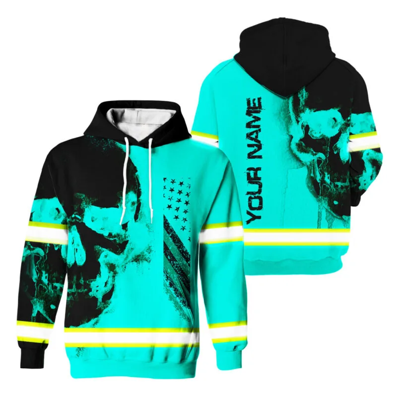 Custom Hi-Vis Skull Hoodie – Personalized Reflective Clothing – Cyan/Black - Image 2