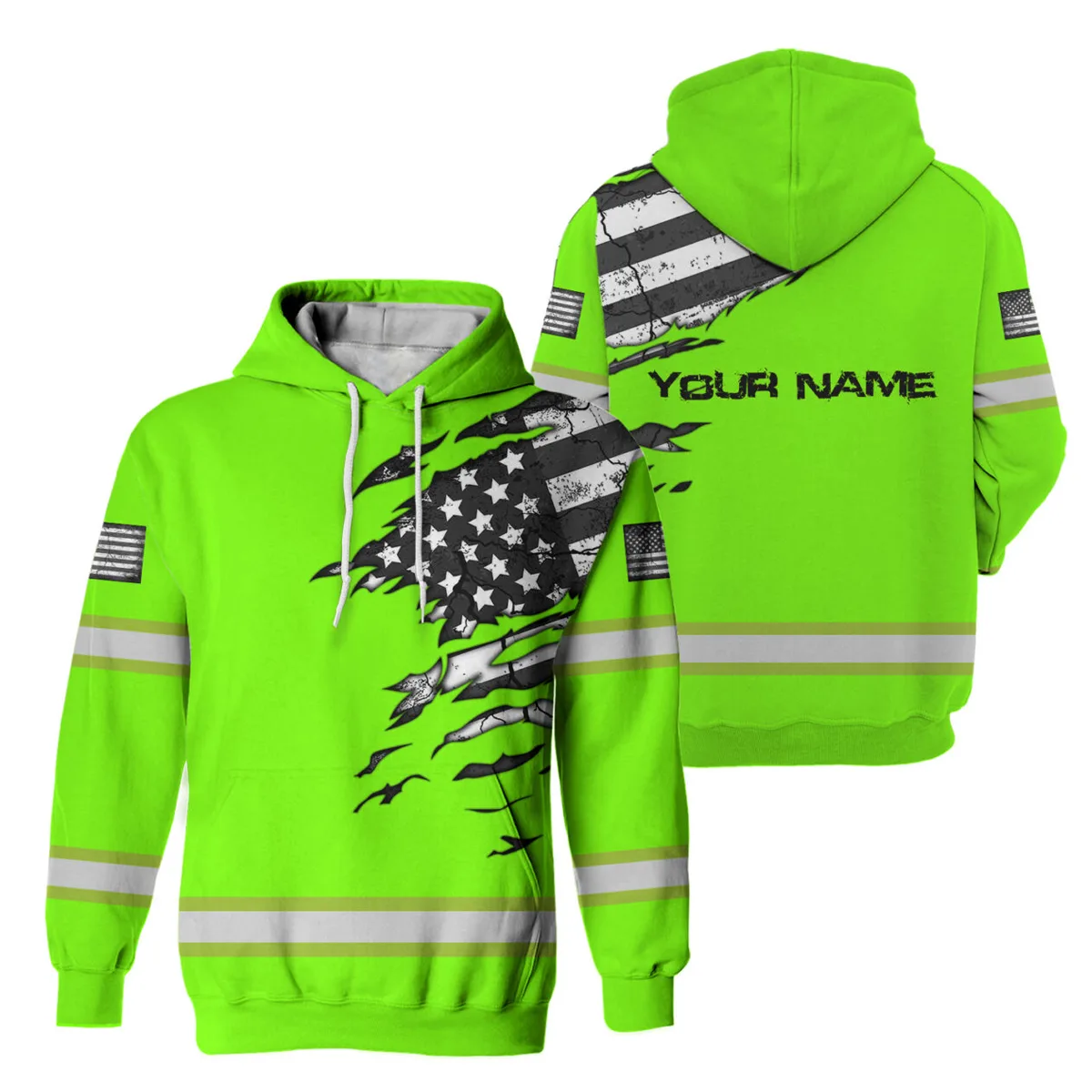 Bright green hoodie with American flag design.