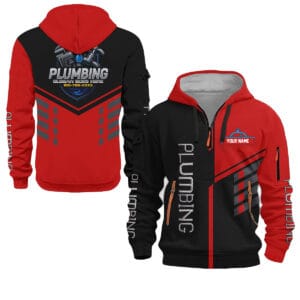 Front and back view of a red and black zip-up pipe font plumber hoodie featuring custom name badge and wrench graphics.