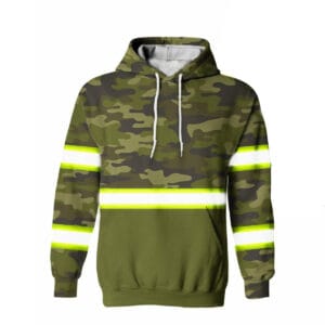 Front view of an army green tactical camo reflective hoodie featuring hi-vis stripes on the chest and sleeves.