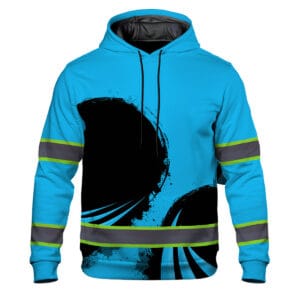 Front view of a blue abstract reflective hoodie with black circular graphics, dark drawstrings, and hi-vis safety stripes.