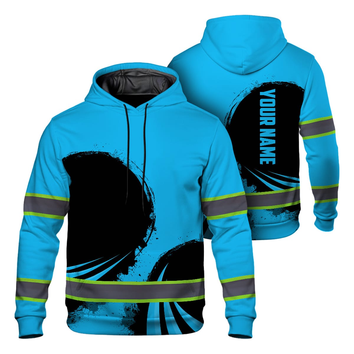 Blue Abstract Reflective Hoodie with Neon Green Grunge Stripes Close-up front of a blue abstract reflective hoodie showing black paint splatter design and grey reflective bands on sleeves.
