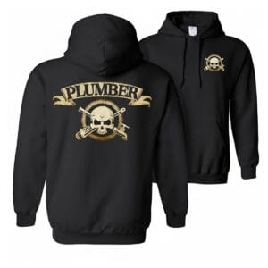 Front and back of a black plumber skull hoodie with crossed wrenches and a large Plumber banner.