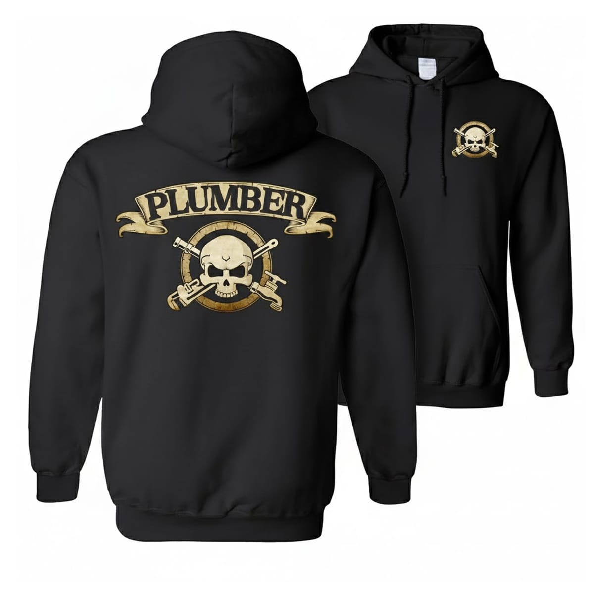 Vintage Plumber Skull & Wrenches Hoodie Front and back of a black plumber skull hoodie with crossed wrenches and a large Plumber banner.