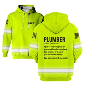 Back view of the neon yellow plumber definition hoodie showcasing the funny text design, flag graphic, and reflective bands.