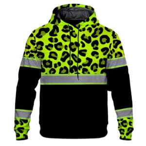 Front view of a black and yellow neon leopard safety hoodie with reflective stripes across the chest and arms.