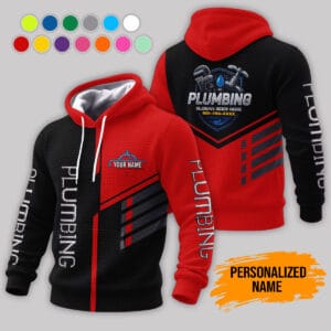 Front view of a red and black color block plumber hoodie with custom name on the chest and text down the sleeves.