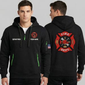 Close-up of Maltese Cross logo and personalized name on black Quarter Zip Hoodie with neon green accents