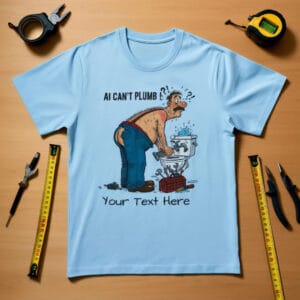 Flat lay of a light blue plumber crack camouflage t-shirt featuring 'AI CAN'T PLUMB!' graphic surrounded by tools and measuring tape