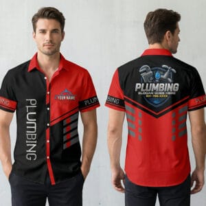 Front view of red and black plumbing company logo shirt with custom name badge and vertical text.