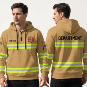 Front and back view of a Tan Personalized Fire Department Hoodie with yellow reflective safety stripes.
