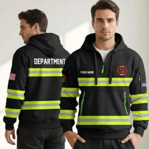 Front and back view of a personalized fire department hoodie with high-visibility reflective yellow stripes.