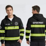 High-Visibility Firefighter Quarter Zip Hoodie front and back view with neon reflective stripes and custom name