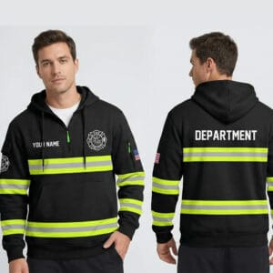 High-Visibility Firefighter Quarter Zip Hoodie front and back view with neon reflective stripes and custom name
