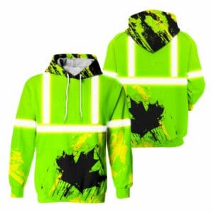 High-visibility neon green safety hoodie front and back view with industrial reflective stripes and black maple leaf graphi