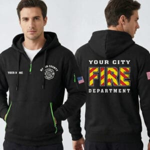 Model wearing personalized Mason County Fire Department black quarter-zip hoodie front and back view.