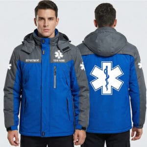 Personalized Blue and Grey EMS Mountaineering Jacket front view with custom Department and Name print