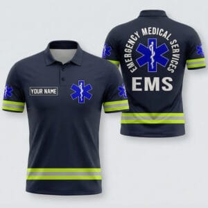 Personalized EMS Polo Shirt front and back view featuring a professional collar, custom name box, and reflective safety stripes.