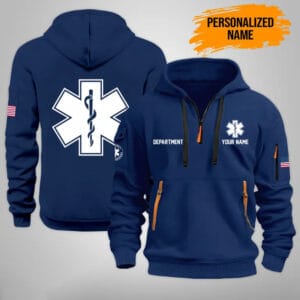 Personalized Firefighter Premium Quarter Zip Hoodie with custom name and department navy blue front and back view