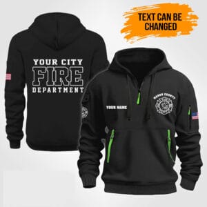 Personalized Firefighter Quarter Zip Hoodie front and back view with neon green zipper pulls and Custom City Name