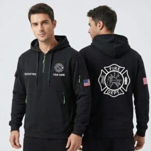 Personalized Firefighter Quarter Zip Hoodie front view with neon green zipper accents and custom Department Name.