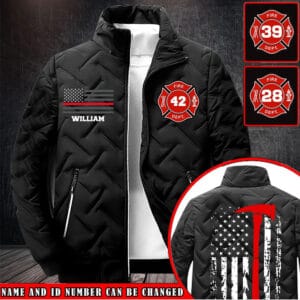 Personalized Firefighter Quilted Jacket featuring custom Name, ID Number 42, and Thin Red Line Axe back print