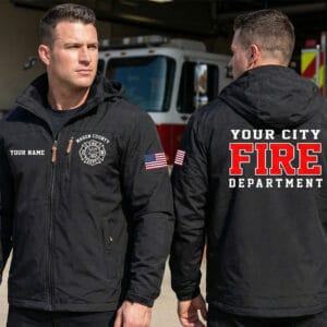 en’s Detachable Hat Waterproof Jacket Black Firefighter Edition front and back view with custom City Name.