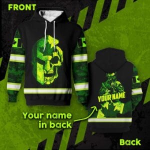 Personalized Hi-Vis Hoodie with reflective camo green skull and Canadian flag sleeves front and back view with custom name.