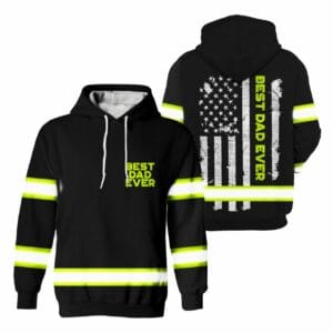 Front view of a black hi-vis dad flag hoodie featuring neon reflective tape and a Best Dad Ever chest graphic.