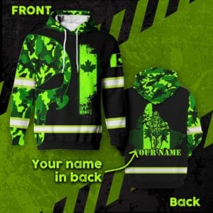 3D render showing front and back of the green camo soldier hoodie, highlighting high-vis stripes and custom name option.