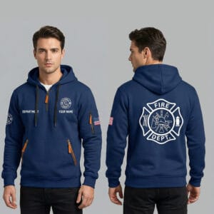 Personalized Navy Blue Firefighter Quarter Zip Hoodie front and back view with brown leather zipper pulls and Maltese Cross