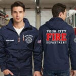 Custom Navy Blue Firefighter Waterproof Jacket front and back view with detachable hood and personalized City Name