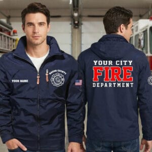 Custom Navy Blue Firefighter Waterproof Jacket front and back view with detachable hood and personalized City Name