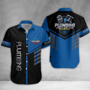 Front view of a black and blue custom plumber button down shirt with personalized name badge and vertical text.