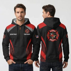 Personalized Red and Black Firefighter Quarter Zip Hoodie front and back view with custom Name and Fire Dept logo