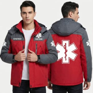 Personalized Red and Grey EMS Mountaineering Jacket front view with custom Department and Name print