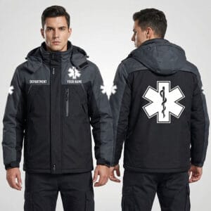 Personalized Black and Grey EMS Mountaineering Jacket front view with custom Department and Name print