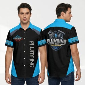 Man modeling the custom black and blue wrench crest plumber shirt paired with jeans for a professional uniform look.
