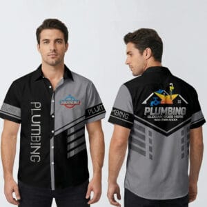 Front view of a black and grey chevron plumbing work shirt featuring a custom chest logo and vertical text.