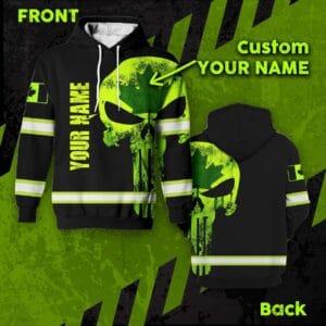 Front view of black neon canadian punisher hoodie with custom name text, reflective stripes, and large green skull design.