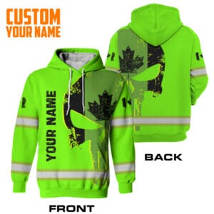 Front view of a neon green maple leaf skull hoodie with custom name text and reflective safety stripes.