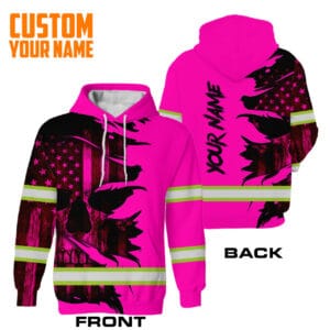 Personalized pink high-visibility safety hoodie front and back view with custom name and distressed skull American flag design.