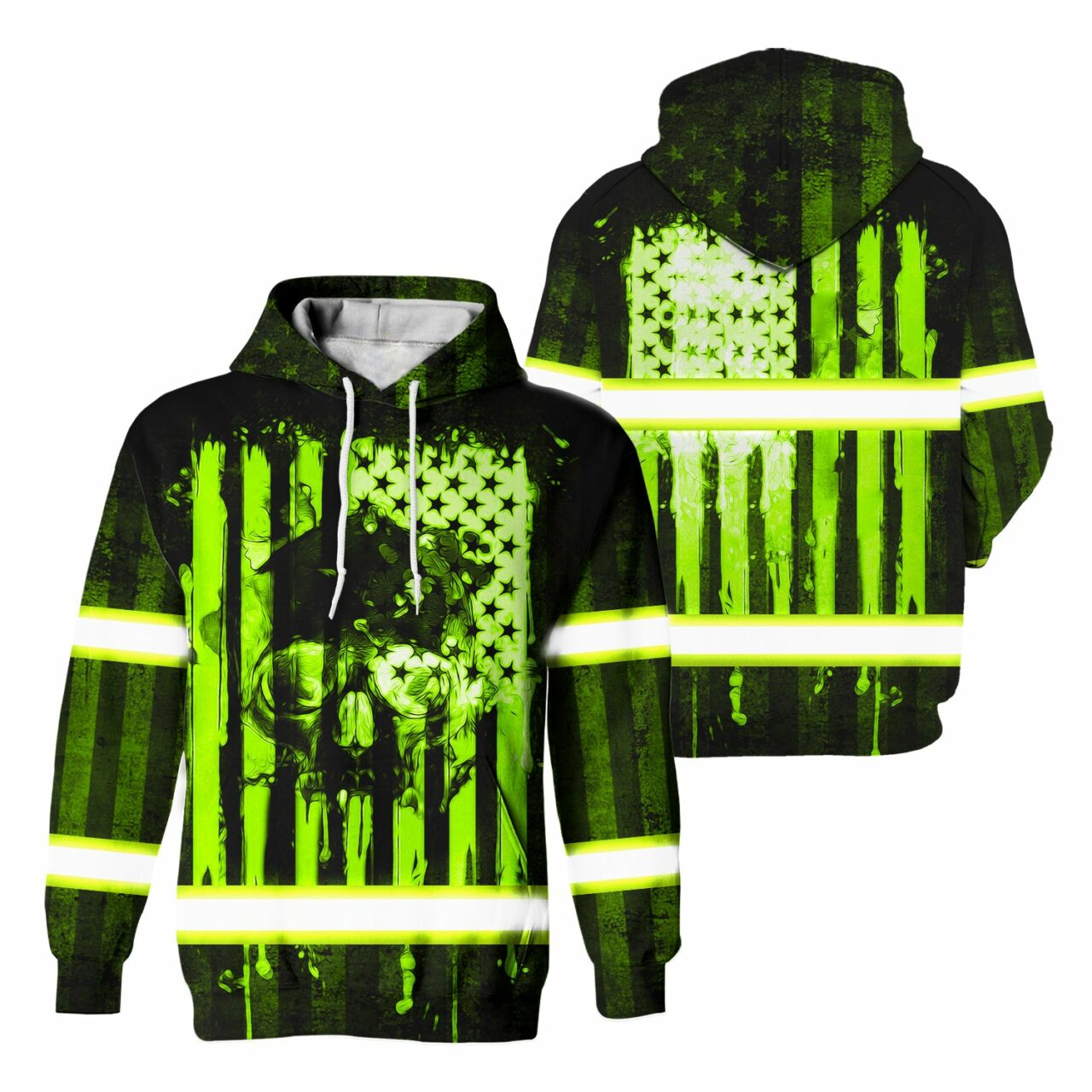 Front view of a hi-vis neon green skull hoodie with a distressed US flag design and reflective safety stripes on black.