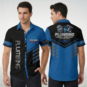 Front and back view of a black and blue plumbing business uniform shirt with custom name badge and large back wrench logo.